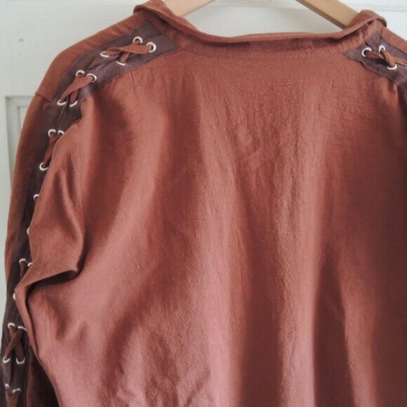 Men's Renaissance Pirate Poet Rustic Brown Laced Shirt S/M - Picture 5 of 5